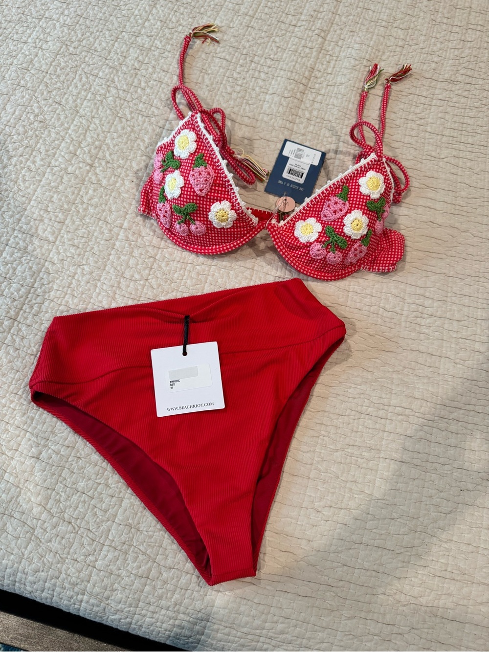 Capittana Miri Vichy Red Strawberries Daisies Bikini Top & Beach Riot Red Bottom